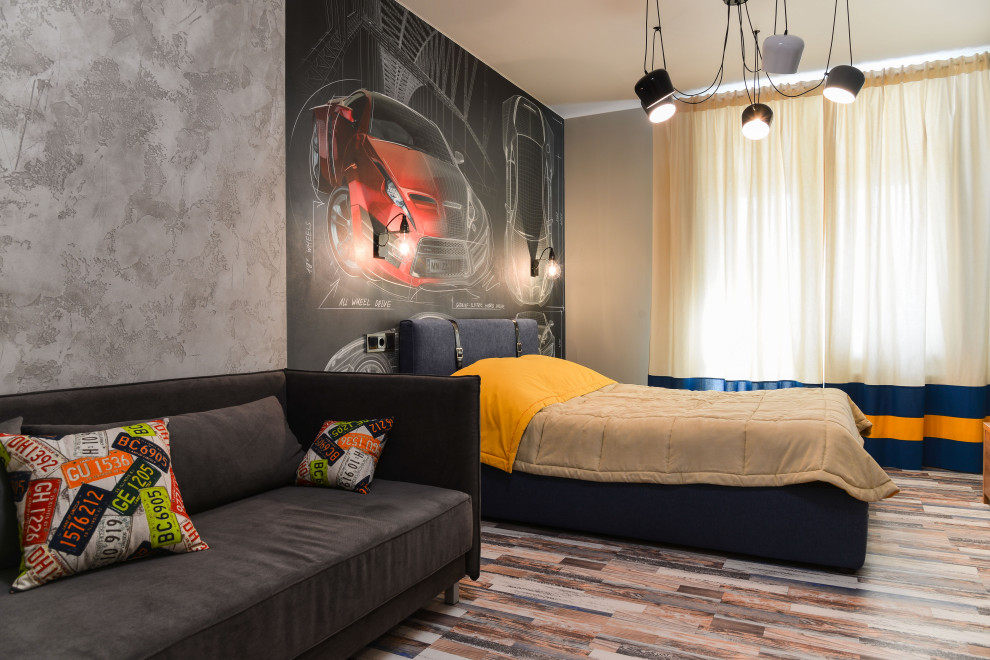 Ejemplo de dormitorio infantil actual grande con suelo de corcho, paredes grises y suelo multicolor