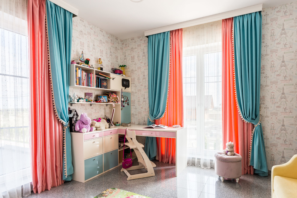 Источник вдохновения для домашнего уюта: детская среднего размера в современном стиле с спальным местом, розовыми стенами, полом из керамогранита и серым полом для ребенка от 4 до 10 лет, девочки