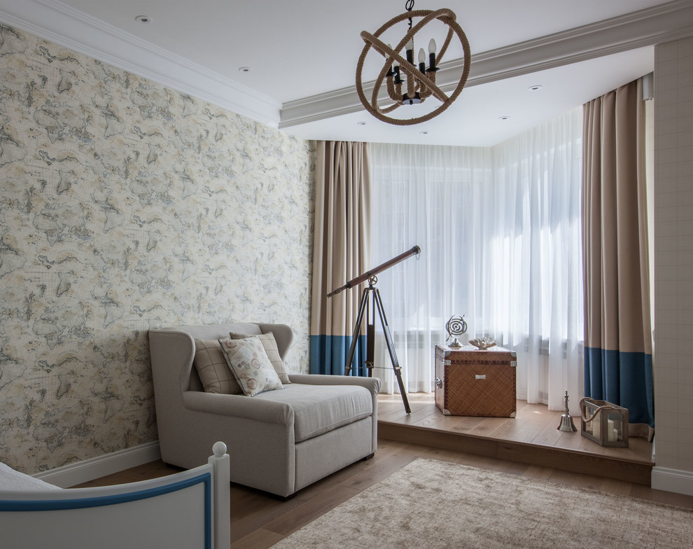 Beach style kids' bedroom for boys in Moscow with beige walls and medium hardwood flooring.