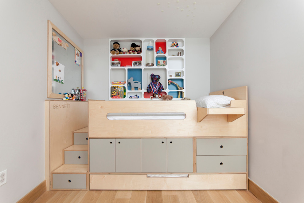 Modelo de dormitorio infantil de 4 a 10 años escandinavo con paredes grises