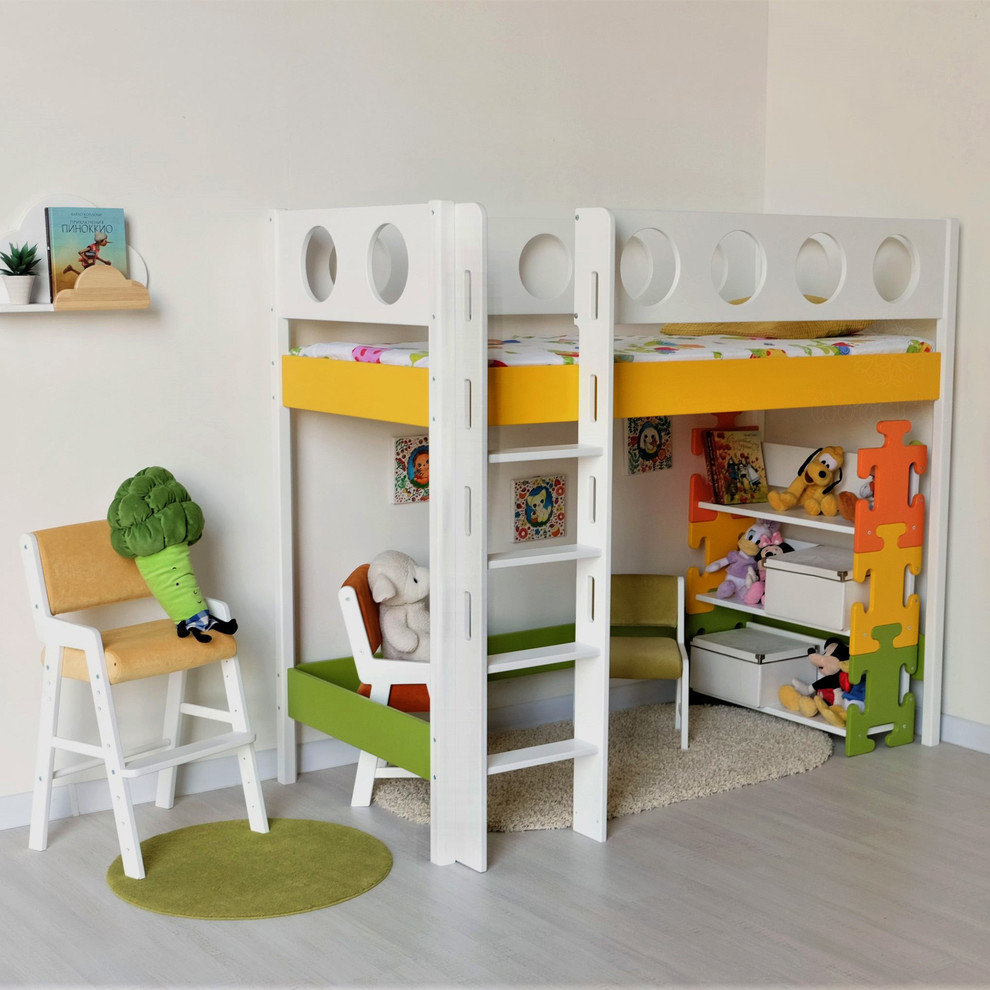 Inspiration för mellanstora moderna könsneutrala barnrum kombinerat med sovrum och för 4-10-åringar