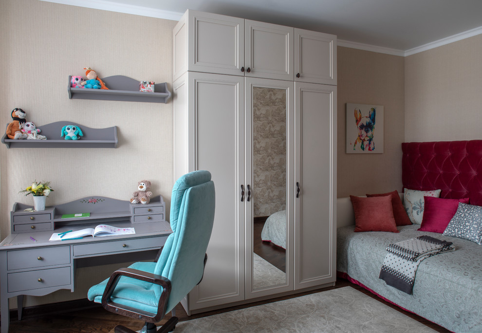 Medium sized classic children’s room for girls in Moscow with beige walls, dark hardwood flooring and brown floors.