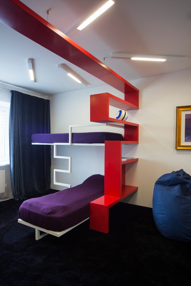 Diseño de dormitorio infantil de 4 a 10 años contemporáneo grande con paredes blancas, moqueta y suelo negro