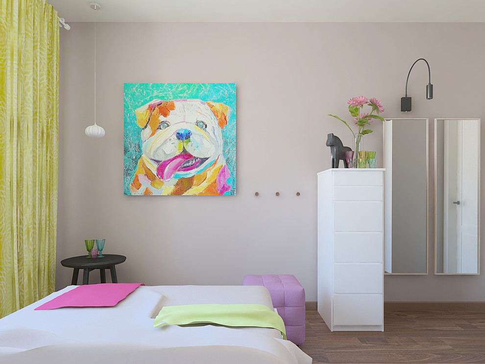 他の地域にある低価格の小さな北欧スタイルのおしゃれな女の子の部屋 (ピンクの壁、濃色無垢フローリング、児童向け、茶色い床) の写真