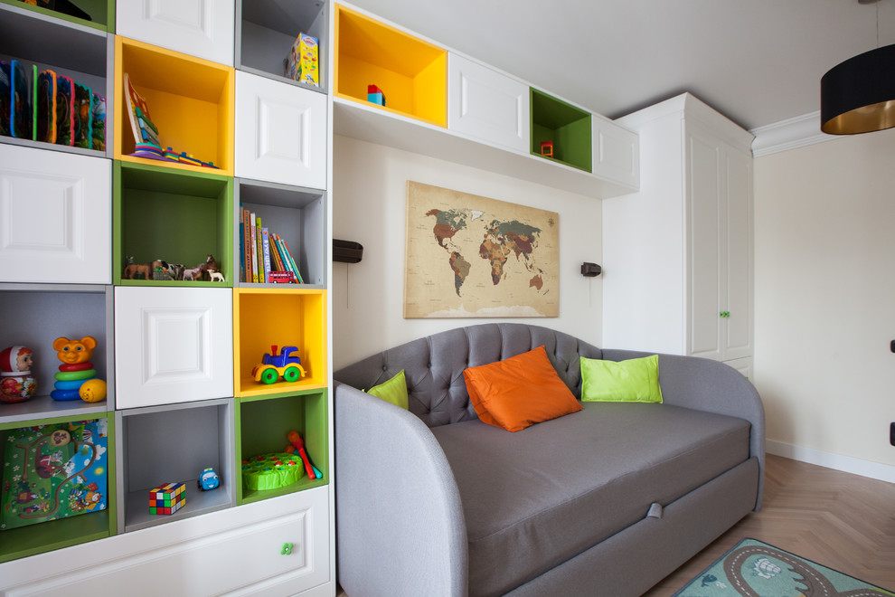 Photo of a small classic gender neutral kids' bedroom in Moscow with yellow walls, light hardwood flooring and beige floors.