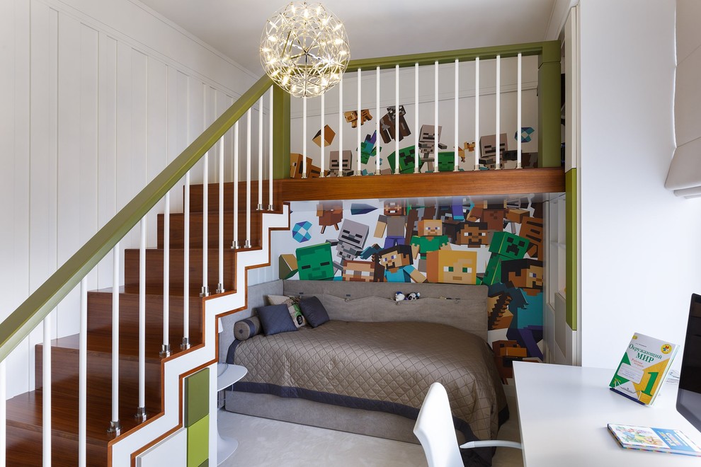 Свежая идея для дизайна: детская в современном стиле с спальным местом и разноцветными стенами для мальчика - отличное фото интерьера