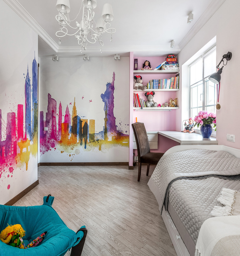 Small eclectic kids' bedroom for girls with multi-coloured walls, grey floors and feature lighting.