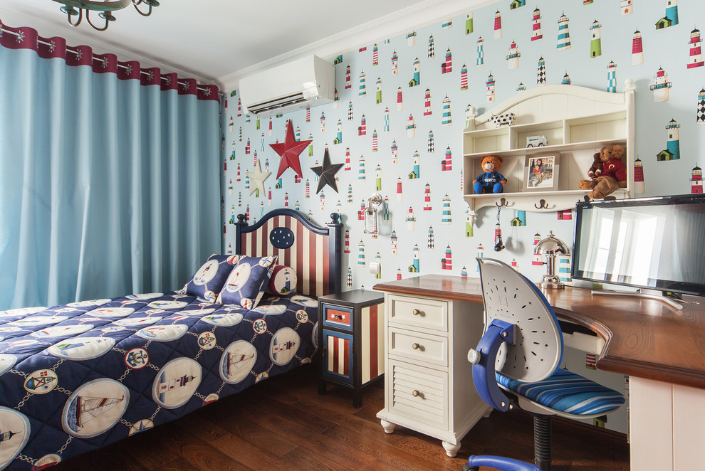 Medium sized nautical kids' bedroom for boys in Moscow with medium hardwood flooring and multi-coloured walls.