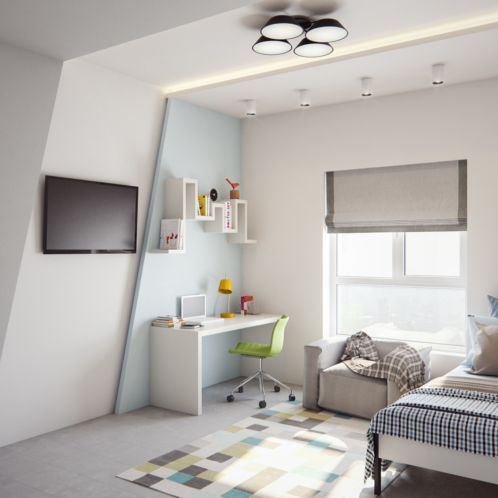 Diseño de dormitorio infantil actual de tamaño medio con paredes grises, suelo vinílico y suelo gris