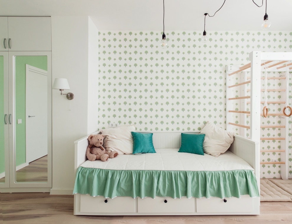 Kids' room - transitional girl light wood floor and beige floor kids' room idea in Yekaterinburg with white walls