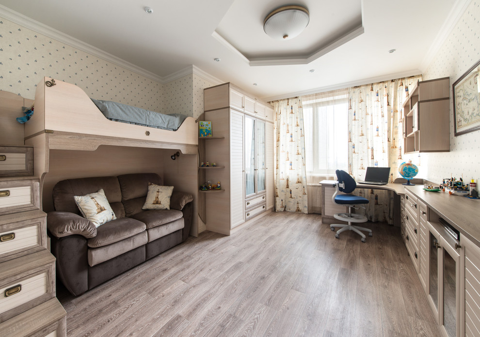 Design ideas for a contemporary children’s room for boys in Moscow with medium hardwood flooring and multi-coloured walls.