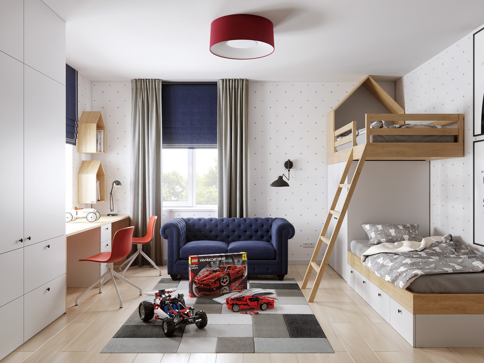 Inspiration pour une chambre d'enfant de 4 à 10 ans design de taille moyenne avec parquet clair, un sol beige, un mur multicolore et un lit superposé.