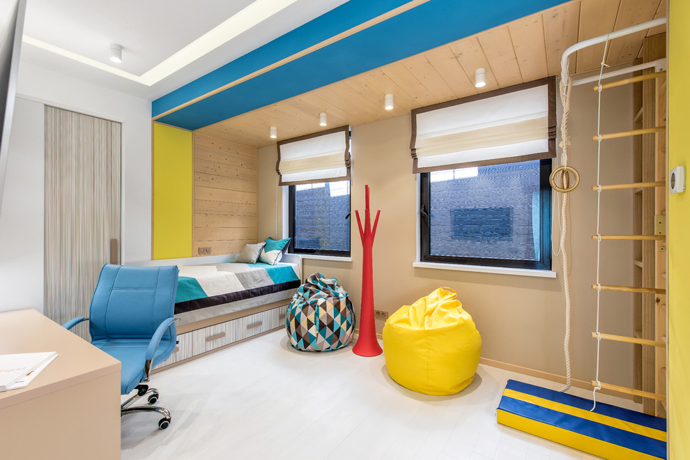 Imagen de dormitorio infantil actual con paredes blancas y suelo blanco