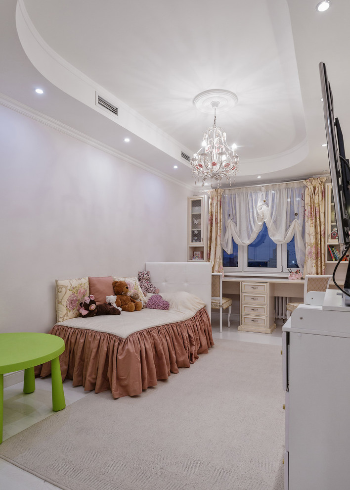 Photo of a traditional children’s room for girls in Moscow with white walls.
