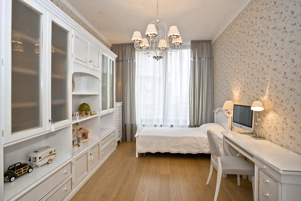 Design ideas for a medium sized contemporary children’s room for girls in Moscow with multi-coloured walls, medium hardwood flooring and yellow floors.