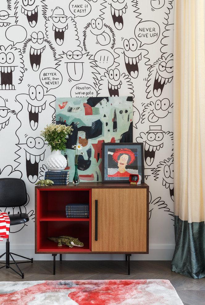 Ispirazione per una grande cameretta per bambini minimalista con pareti multicolore, pavimento con piastrelle in ceramica e pavimento grigio