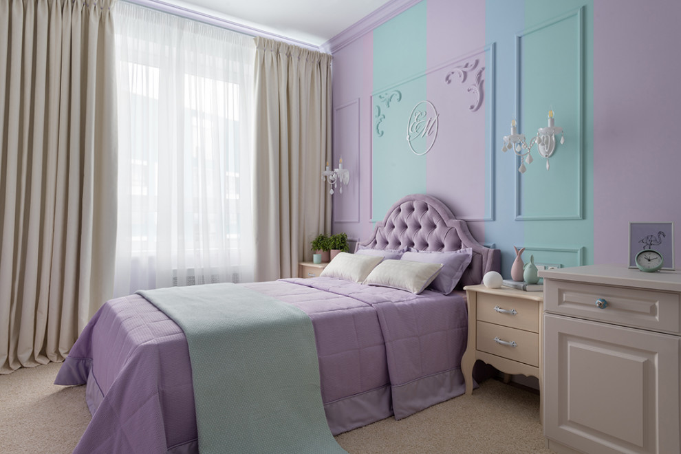 Ejemplo de dormitorio infantil de 4 a 10 años contemporáneo de tamaño medio con moqueta, suelo beige y paredes multicolor