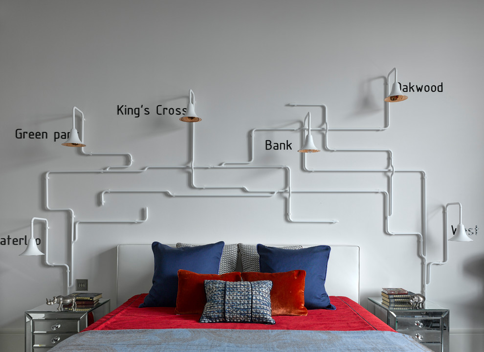 Inspiration för ett funkis könsneutralt tonårsrum kombinerat med sovrum, med vita väggar