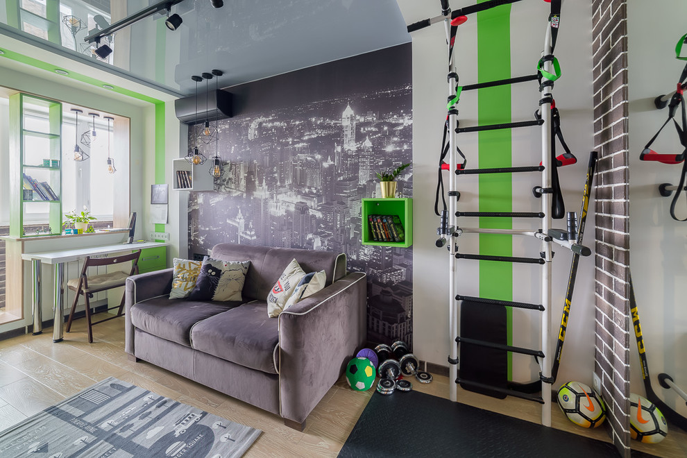 Foto di una cameretta per bambini contemporanea di medie dimensioni con pareti nere, parquet chiaro e pavimento beige