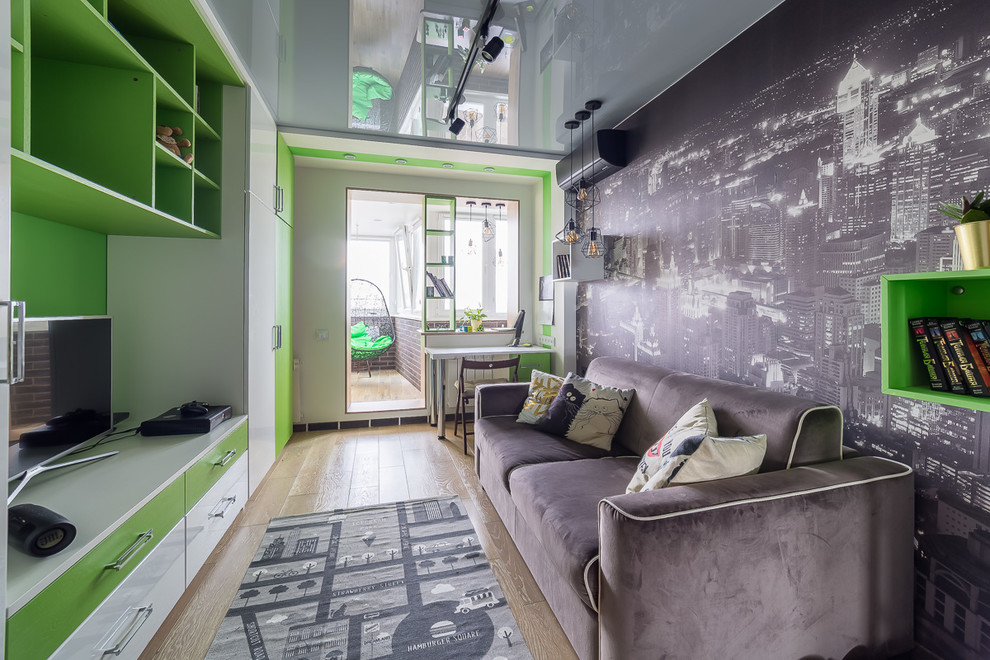Idee per una cameretta per bambini design di medie dimensioni con pareti nere, parquet chiaro e pavimento beige