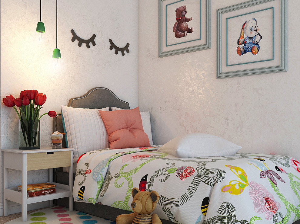Exemple d'une chambre d'enfant de 4 à 10 ans éclectique de taille moyenne avec un mur multicolore, un sol en liège et un sol beige.