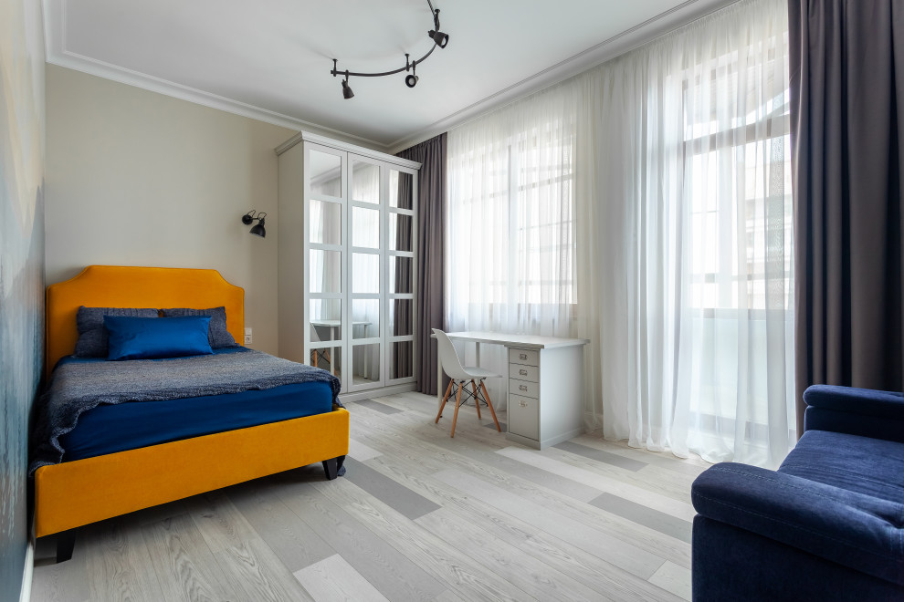 Foto de dormitorio infantil contemporáneo de tamaño medio con suelo laminado y suelo gris