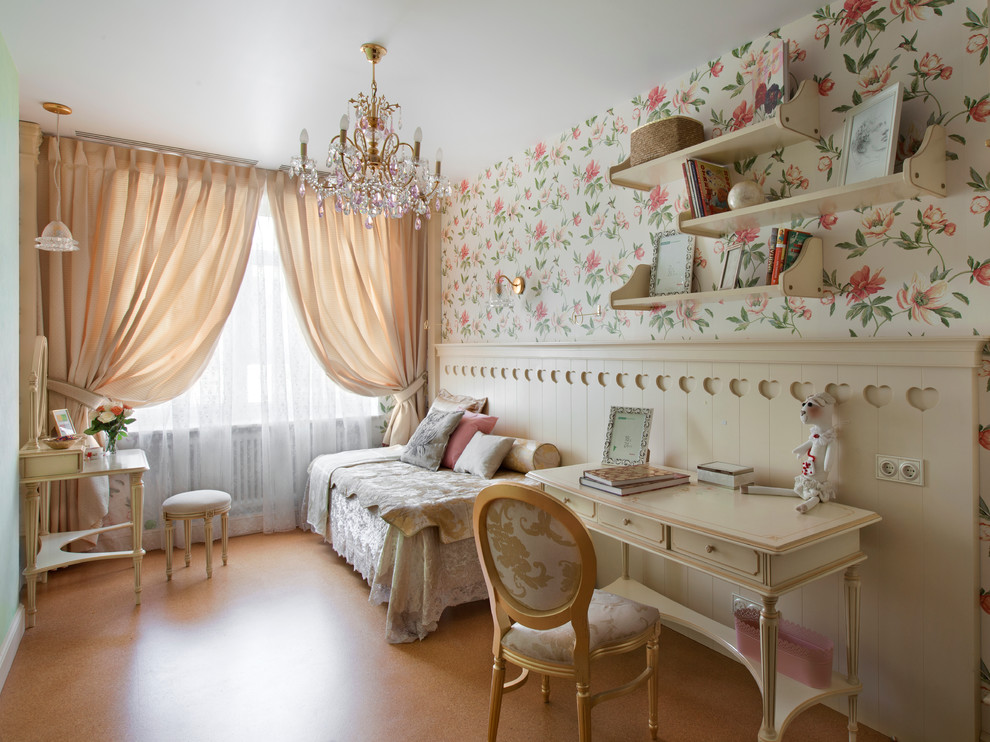 Inspiration för ett vintage flickrum kombinerat med sovrum, med flerfärgade väggar
