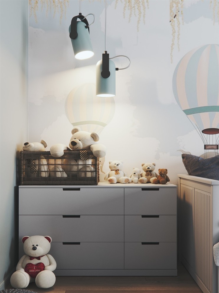 Modelo de dormitorio infantil nórdico grande con paredes grises, suelo laminado y suelo beige