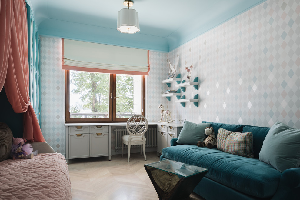 Inspiration for a traditional kids' study space for girls in Saint Petersburg with multi-coloured walls, light hardwood flooring and beige floors.
