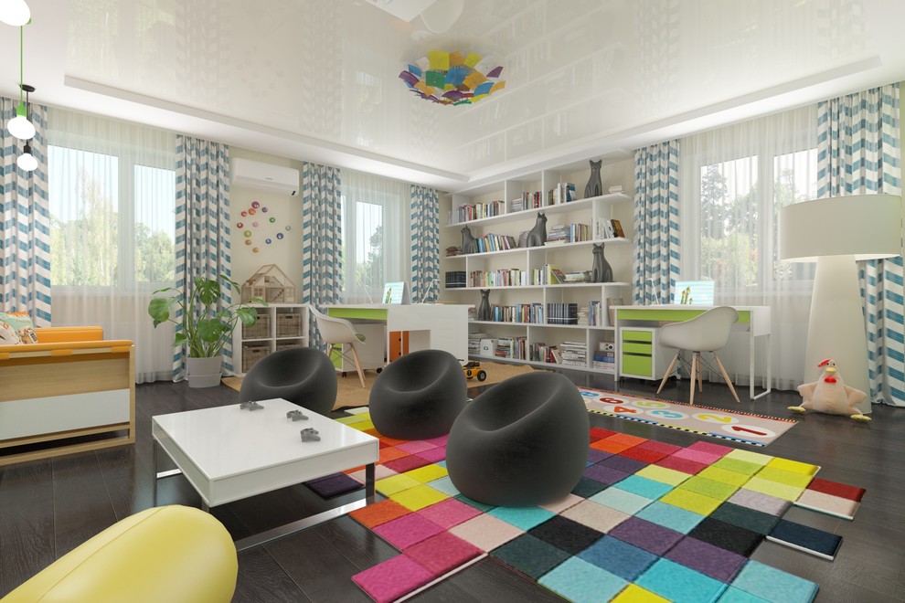 Inspiration för stora moderna pojkrum kombinerat med lekrum och för 4-10-åringar, med gula väggar, mörkt trägolv och svart golv