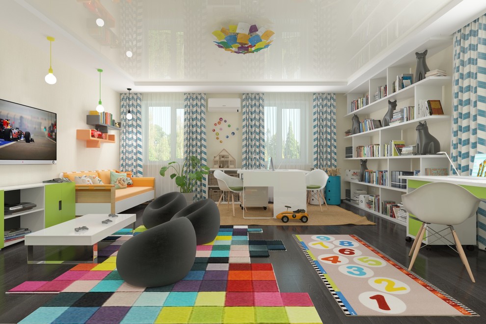 Esempio di una grande cameretta per bambini da 4 a 10 anni design con pareti gialle, parquet scuro e pavimento nero