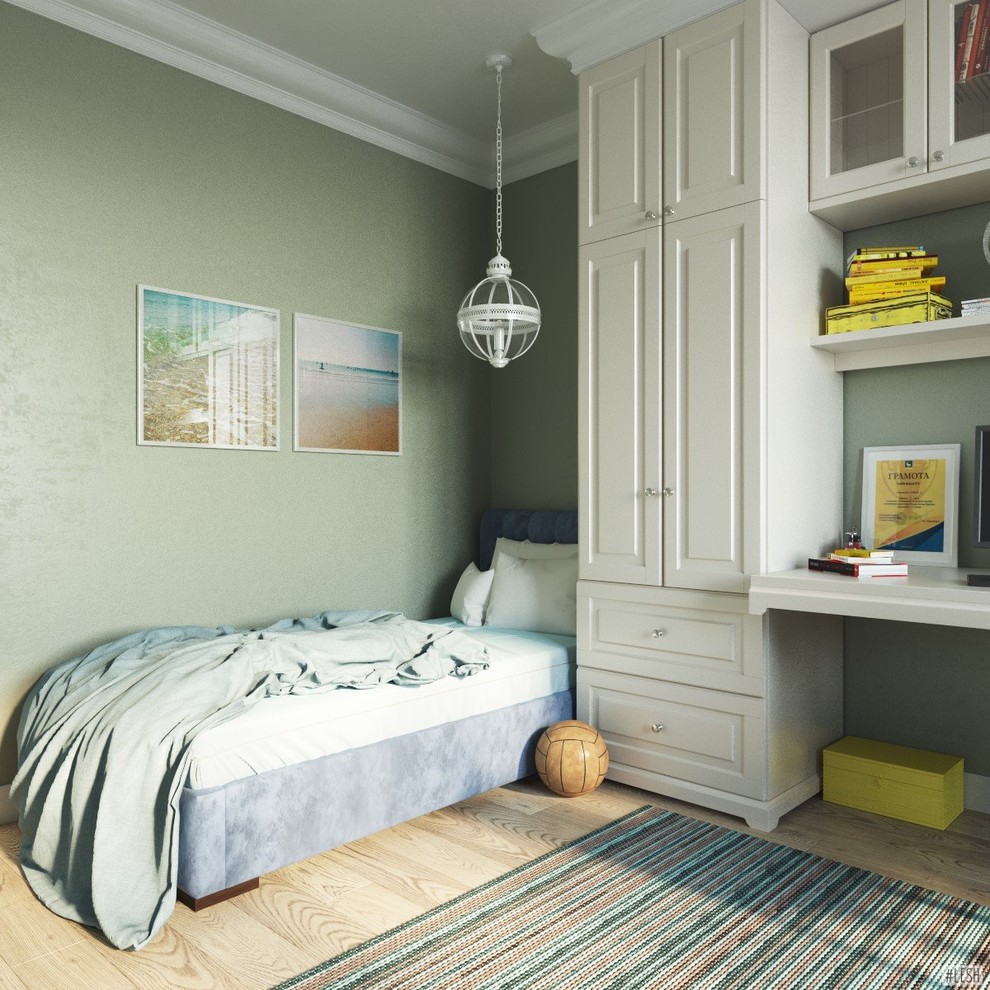 Inspiration för ett mellanstort vintage pojkrum kombinerat med sovrum och för 4-10-åringar, med grå väggar, laminatgolv och brunt golv