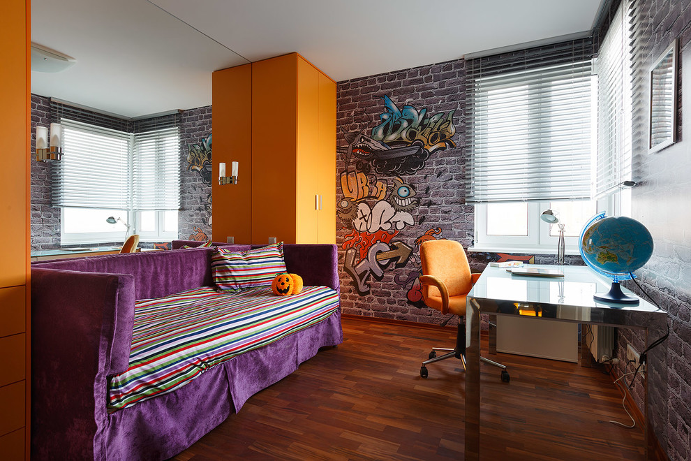 Example of a mid-sized trendy boy dark wood floor childrens' room design in Saint Petersburg with multicolored walls