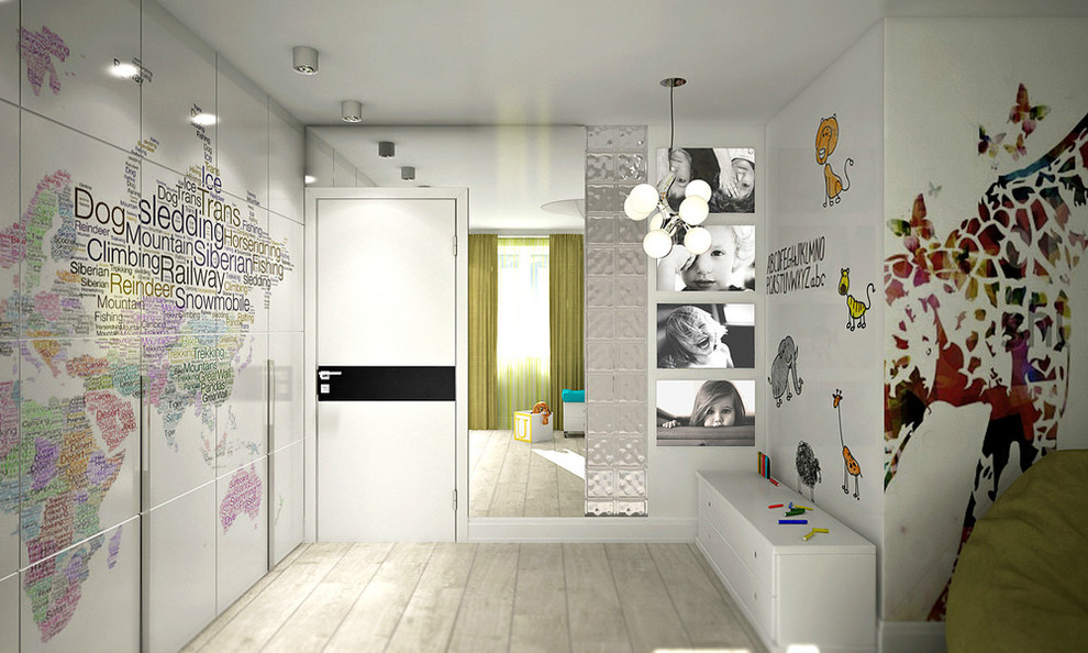 Childrens' room - mid-sized modern gender-neutral childrens' room idea in New York with white walls