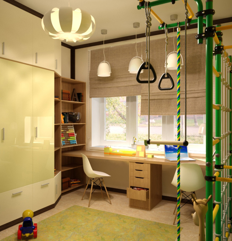 Inspiration för små klassiska könsneutrala barnrum kombinerat med sovrum och för 4-10-åringar, med flerfärgade väggar