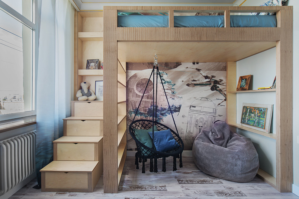 Idéer för att renovera ett funkis pojkrum kombinerat med sovrum, med beige väggar och beiget golv