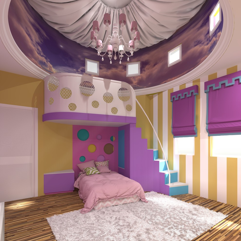 Idéer för att renovera ett medelhavsstil flickrum kombinerat med sovrum och för 4-10-åringar, med gula väggar och mellanmörkt trägolv