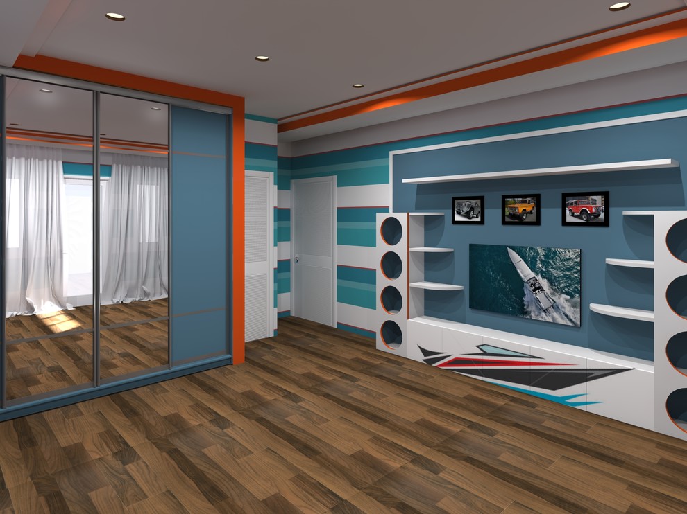 Immagine di una cameretta per bambini da 4 a 10 anni minimal con pareti blu e pavimento in legno massello medio