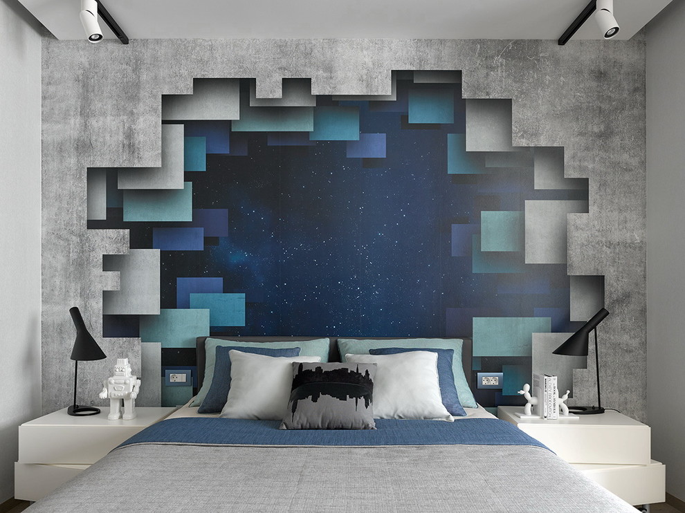 Inspiration för ett stort funkis barnrum kombinerat med sovrum, med mellanmörkt trägolv och flerfärgade väggar