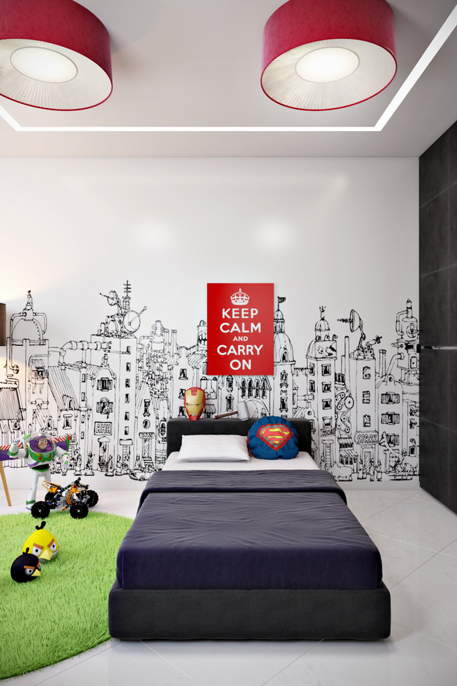 Imagen de dormitorio infantil contemporáneo grande con paredes blancas, suelo de baldosas de porcelana y suelo blanco