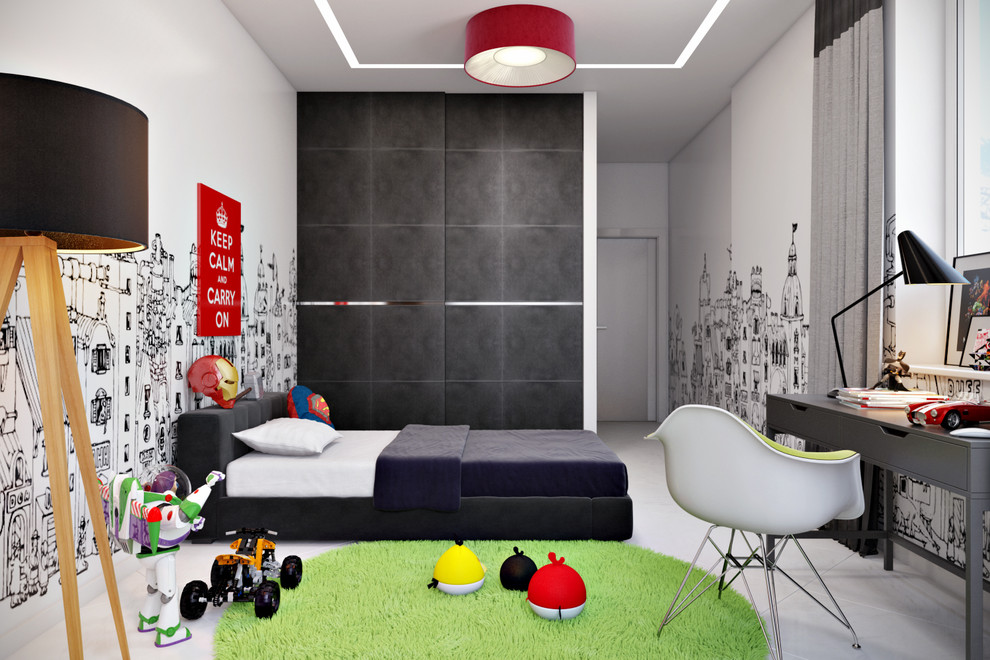 Inspiration för ett stort funkis barnrum kombinerat med sovrum, med vita väggar, klinkergolv i porslin och vitt golv