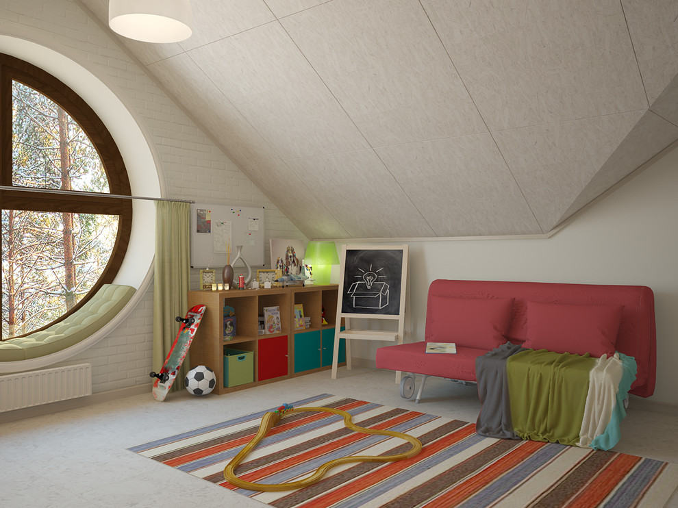 Immagine di una grande cameretta per bambini da 4 a 10 anni nordica con pareti multicolore, pavimento in sughero e pavimento bianco