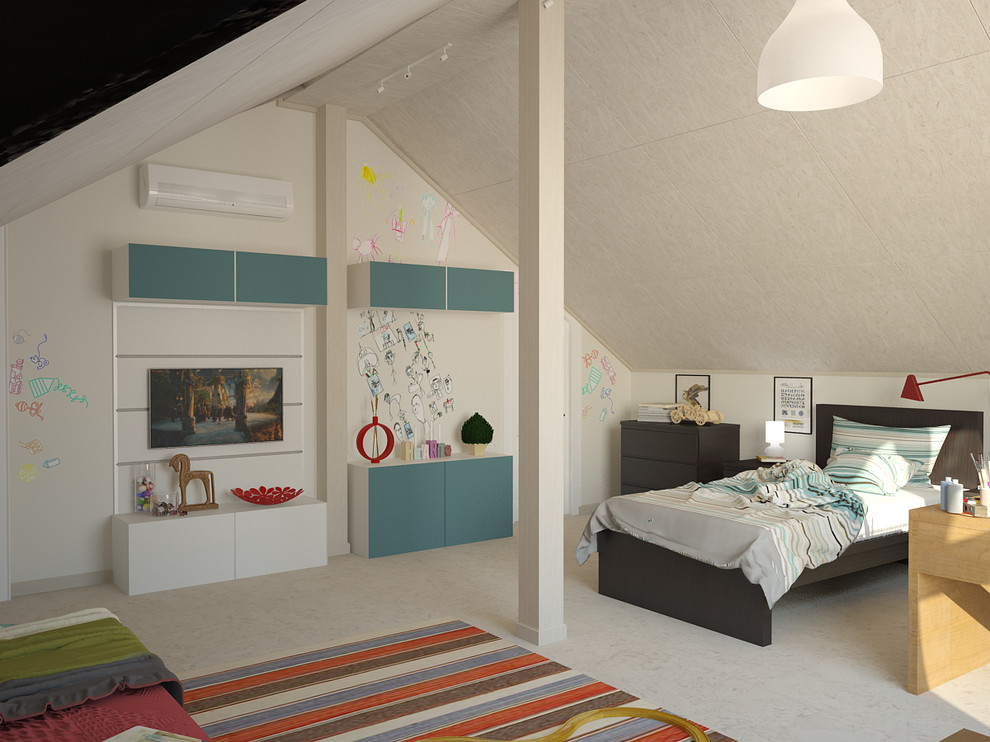Cette photo montre une grande chambre de garçon de 4 à 10 ans scandinave avec un bureau, un mur multicolore, un sol en liège et un sol blanc.