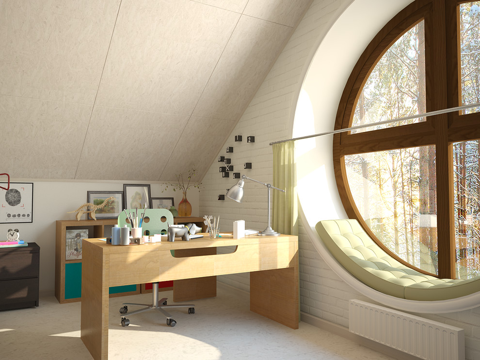 Inspiration pour une grande chambre de garçon de 4 à 10 ans nordique avec un bureau, un mur multicolore, un sol en liège et un sol blanc.
