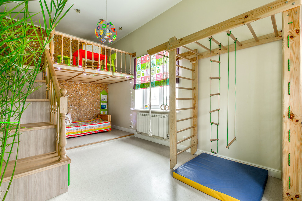 Bild på ett eklektiskt könsneutralt barnrum kombinerat med lekrum och för 4-10-åringar, med grå väggar