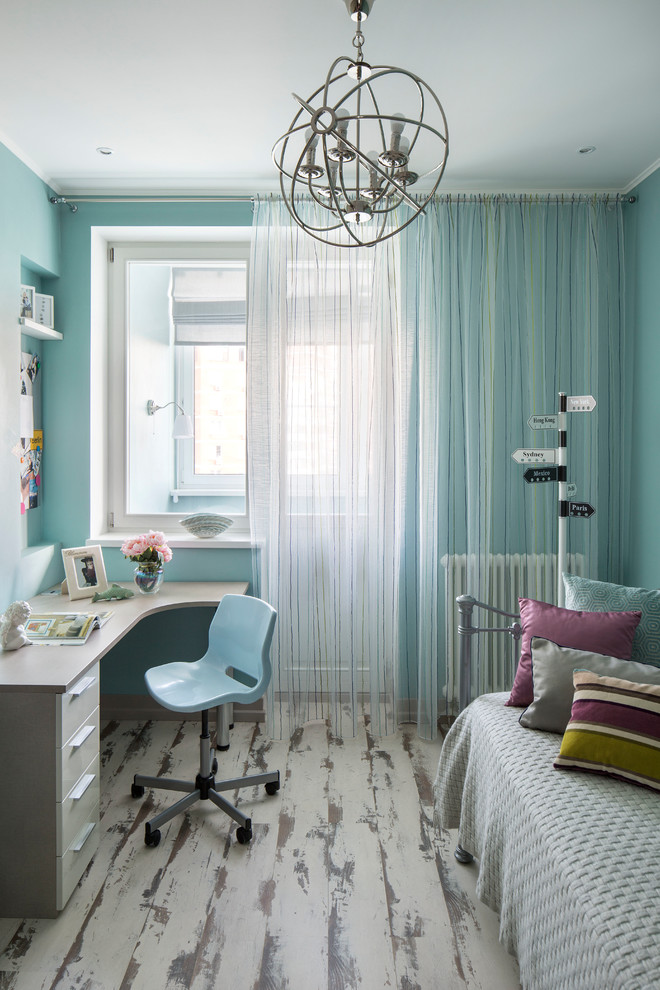 Small trendy girl childrens' room photo in Moscow with blue walls