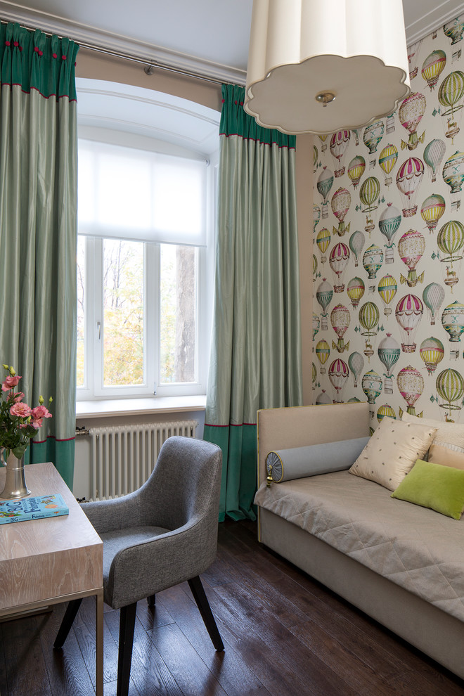 Classic kids' study space for girls in Moscow with multi-coloured walls, dark hardwood flooring and brown floors.
