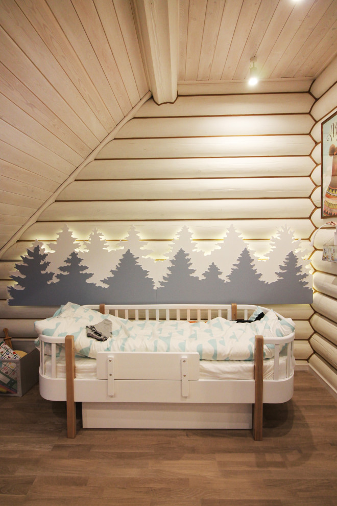 Ejemplo de dormitorio infantil de 4 a 10 años contemporáneo de tamaño medio con paredes blancas, suelo de madera en tonos medios y suelo beige