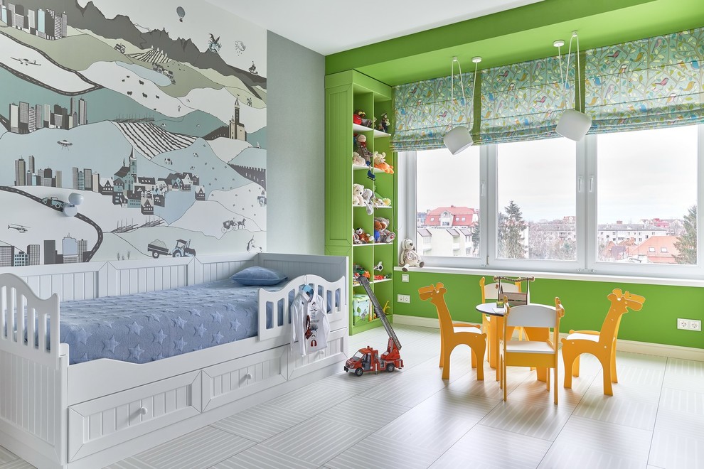 This is an example of a contemporary gender neutral kids' bedroom in Other with green walls and grey floors.