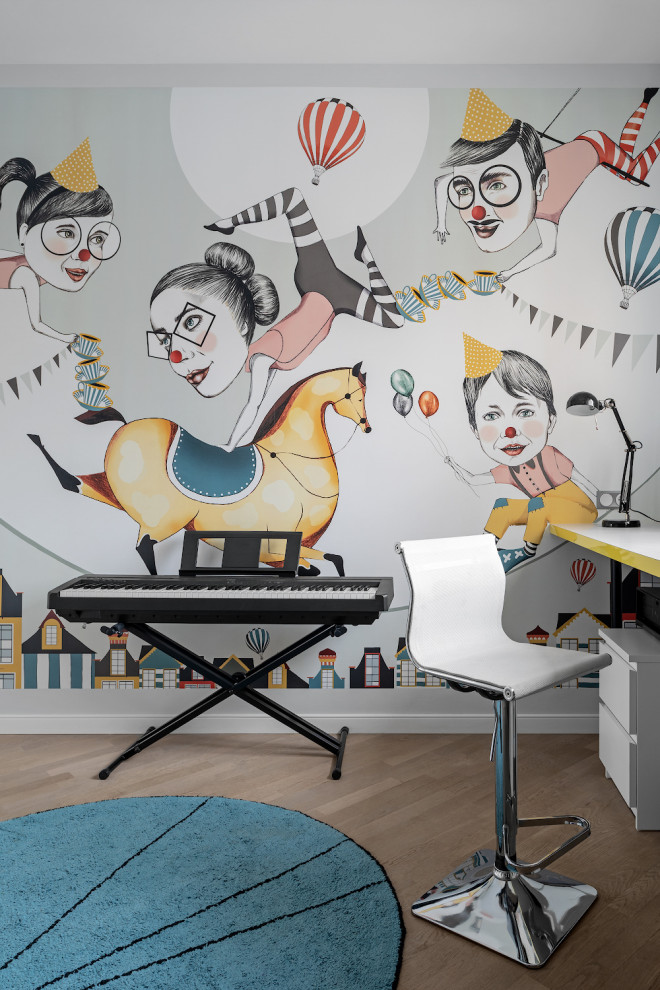 Foto di una cameretta per bambini da 4 a 10 anni minimal di medie dimensioni con pareti multicolore e pavimento beige